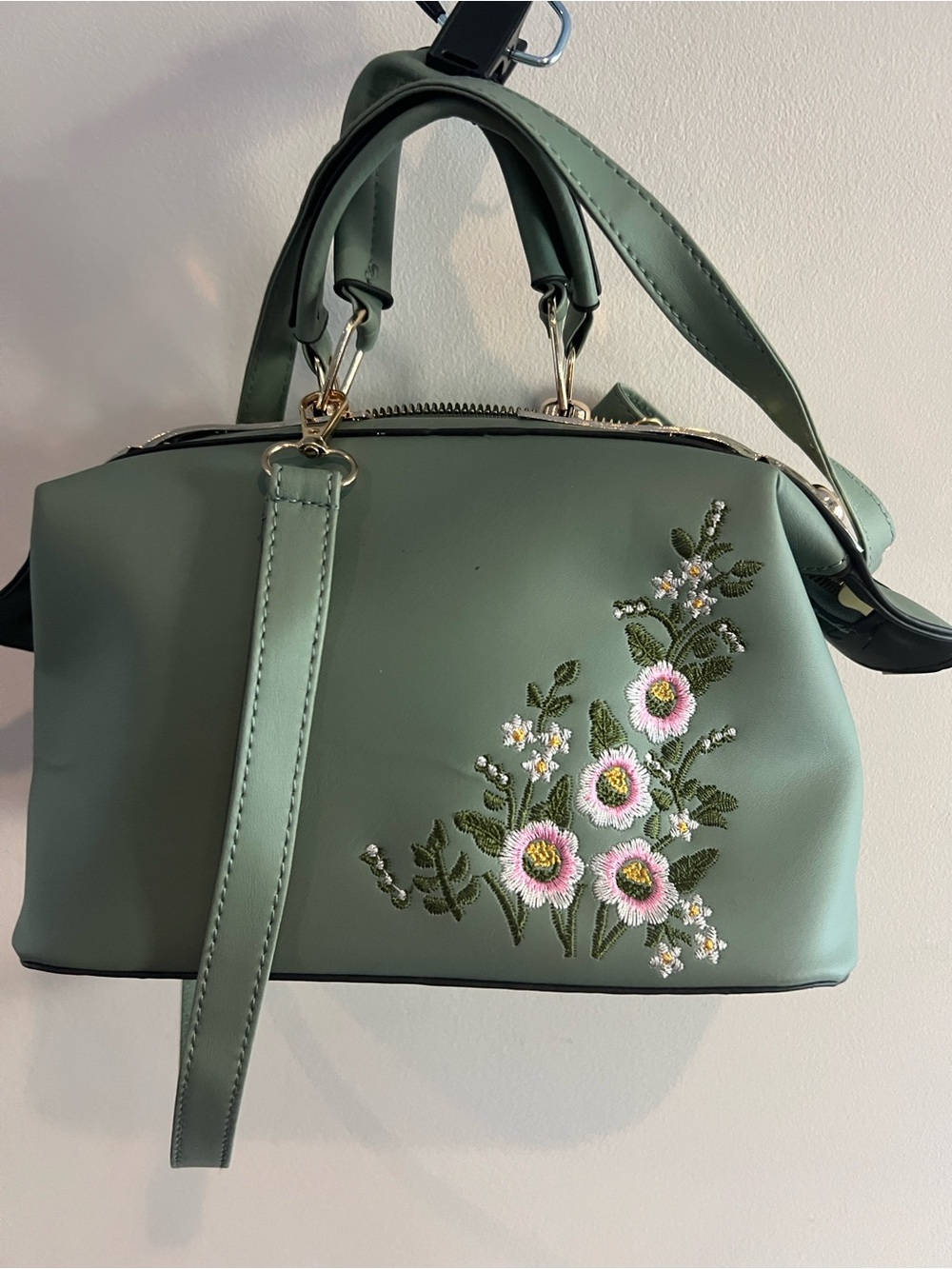 NWT Elegant Sage Green Floral Embroidered Satchel & Crossbody Bag